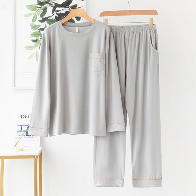TIMIFIS Ensemble de Pyjama pour Hommes Hommes Ensemble de Détente 2 Pcs Ensembles de Pyjamas Confortable Uni Manches Longues Col Rond Haut de Nuit et Pantalon Costume - Printemps/été