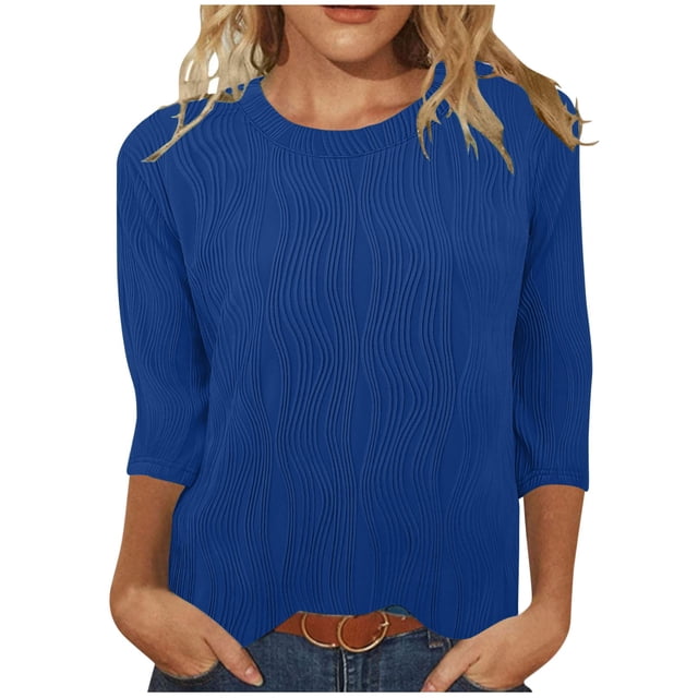 Timegard Hauts d'Été pour Femmes Col Rond Manches 3/4 Couleur Unie Chic Décontracté Chemises Amples Hauts Blouse