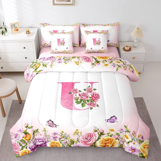 Erosebridal Ensemble de Literie Tout-en-un Format Double pour Ados, Ensemble de Lit à Motif de Roses, Décoration de Chambre avec Papillons, Réversible, 7 Pcs