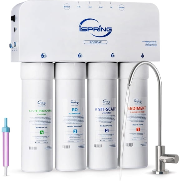 iSpring RO5004F Filtre à Eau par Osmose Inverse avec UV, Système RO 500 GPD sous l'Évier, 2:1 Pur pour Vidange, Système de Filtration d'Eau RO Sans Réservoir avec Pompe de Survoltage, Moniteur de Durée de Vie du Filtre, Réduit les PFAS, TDS, Plomb