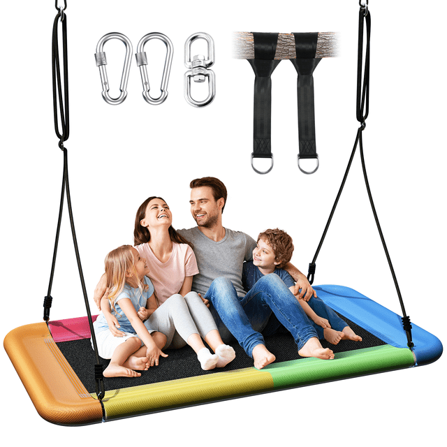 Hanging Platform: 60-inch heavy-duty swing by MIHOVER, featuring a multicolor rectangular design with woven fabric finish. Holds up to 700lbs, suitable for backyard and indoor use. Includes adjustable ropes, tree-protector pads, rust-proof carabiners, and a rotating connector for 360° motion. Perfect for outdoor play, accommodating up to 4 kids or 2 adults. Weather-resistant UV50+ fabric ensures durability in all conditions. Dimensions: 60 inches deep, 32 inches wide, and 78 inches high.