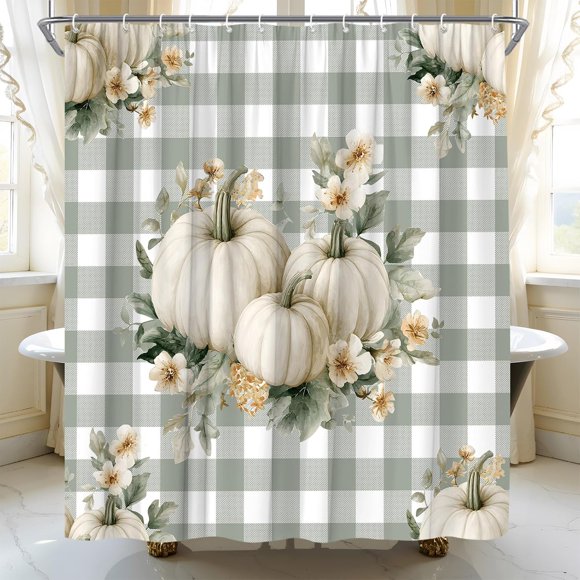Fall Pumpkin Shower Curtain, Autumn Harvest Sage Green Buffalo Check Waterproof Bathroom Curtain with Hooks, Farmhouse Thanksgiving Decor 72"W x 84"H