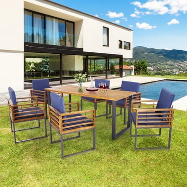 Costway Ensemble de Salle à Manger de Patio en Bois d'Acacia 7 Pcs Chaise et Table Robuste Gain de Place Extérieur