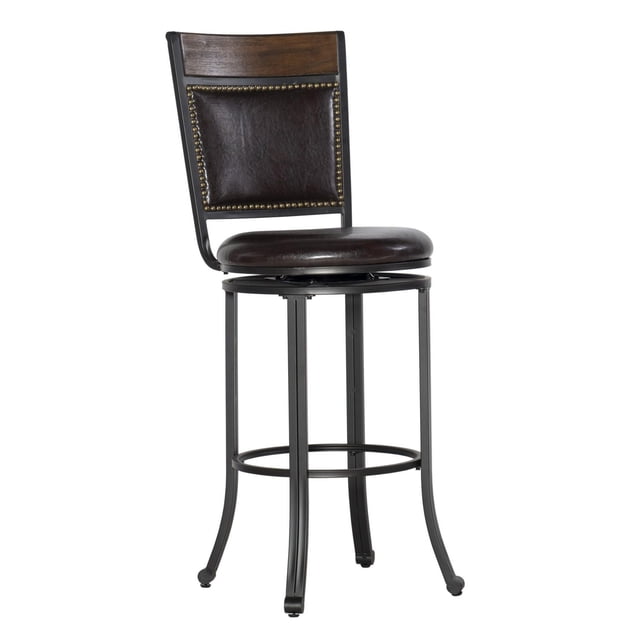 Trager Tabouret de bar Pivotant avec Cadre en Métal Noir Mat et Repose-Pieds Circulaire, Siège et Dossier Rembourrés de 29,5 Po de Hauteur, Rembourrés en Similicuir Brun espresso Foncé avec Garniture à Clous, et accent en Placage Bois Grain de Chêne Brun Terre d'Ombre sur le Dossier du Siège, Pivote à 360 Degrés, Idéal pour la Cuisine Ou les Sièges de bar.