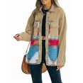 thumbnail image 2 of Women'S Loose Lapel Long-Sleeved Denim Patchwork Jacket Retro Raw Edge Mid-Length Jacket Khaki M, 2 of 6