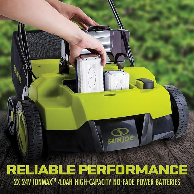 Sun Joe 24V-X2-DTS15 Scarificateur + Décompacteur Sans Fil 24 Volts | 5 Positions de Profondeur | 14 pouces | Moteur Sans Balais | avec 2 x Batteries 4.0-Ah + Chargeur*