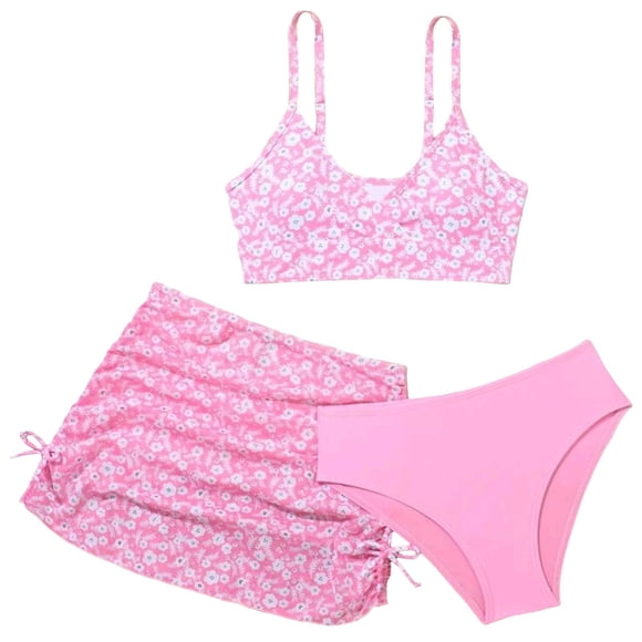 Splozh Girls Bikini Beach Swimwear Girls 3 Piece Swimsuit Bathing Suit Cute Floral Print Bikini Set with Skirt Kids Swimwear Pink,7-8 Years