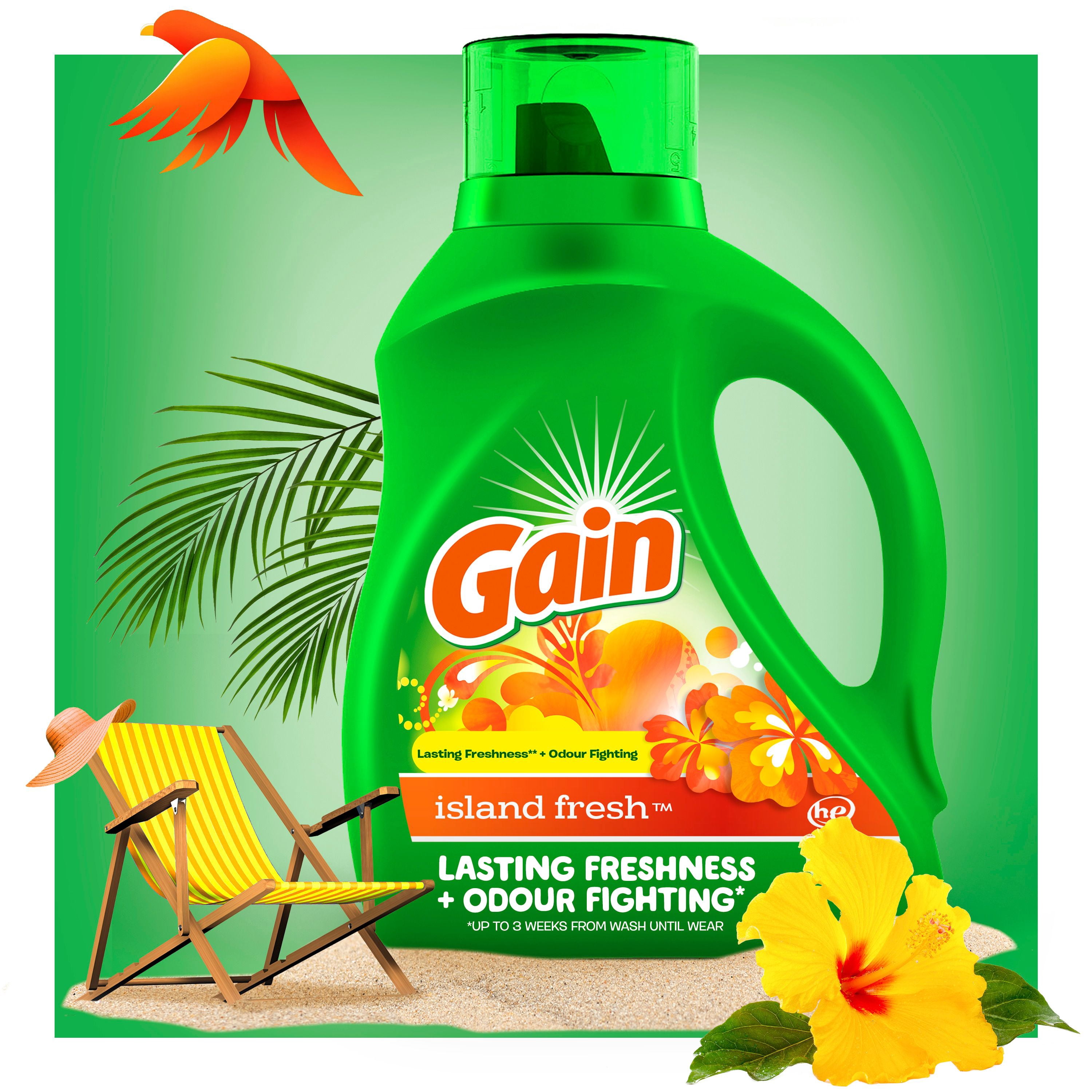 Gain Détergent Liquide à Lessive, Parfum Fraîcheur des Îles, Fraîcheur + Élimination des Odeurs, Savon Nettoyant Liquide pour Laveuse Haute Efficacité, 4.25 Litres, 100 Brassées