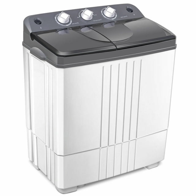 Gymax Portable Washing Machine Compact Twin Tub with 20 lbs capacity, featuring a grey and white design. This washer includes two tubs: one for washing with a 12 lbs capacity and another for spinning with an 8 lbs capacity. The machine has three control knobs on the top panel for timer and mode settings. Made of durable ABS and PP materials, it measures 25 inches in length, 15 inches in width, and 28.5 inches in height. Ideal for small spaces like apartments, dormitories, and caravans, it includes a drainage tube for easy water removal and handles for portability.