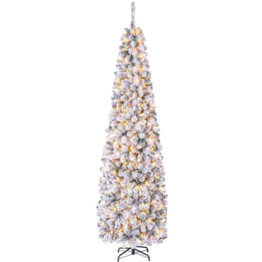 Gymax 7.5ft Pre-lit Pencil Snow Flocked Pencil Christmas Tree Holiday Decoration