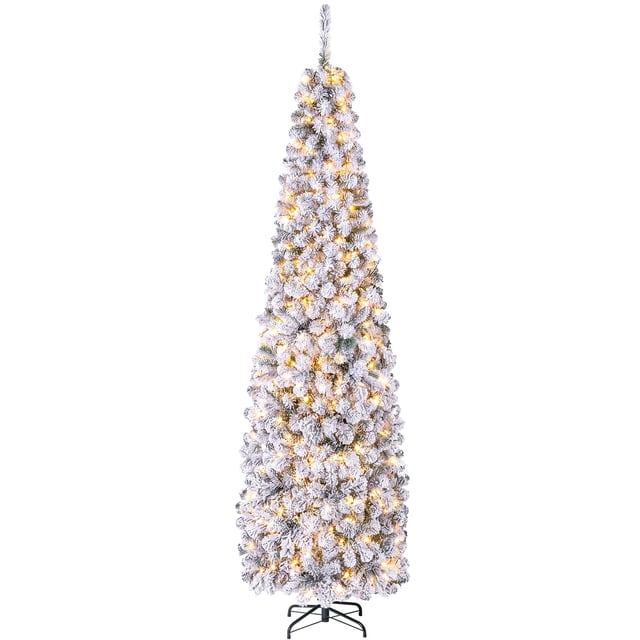 Gymax 7.5ft Pre-lit Pencil Snow Flocked Pencil Christmas Tree Holiday Decoration