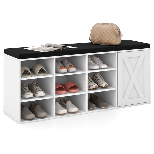 Costway Banc à Chaussures avec Coussin Rembourré Étagère à Chaussures de Rangement Réglable à 9 Cubes Blanc