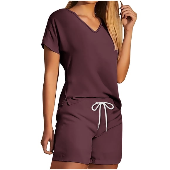 AherBiu 2 Piece Workout Sets for Women V Neck Short Sleeve Tops Tees with Sweatshorts Comfy Stretchy Sweatsuits