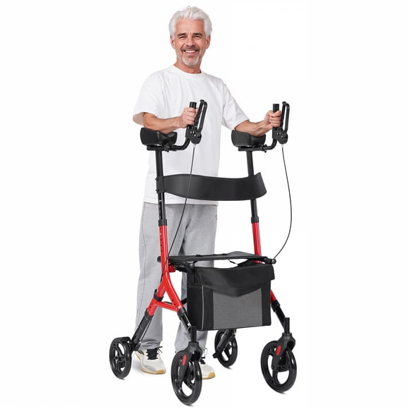 Maxkare Upright Rollator Walker with 5+3 Adjustable Height, Up to 300lbs, Folding Stand Up Walker with Large Wheels, Red
