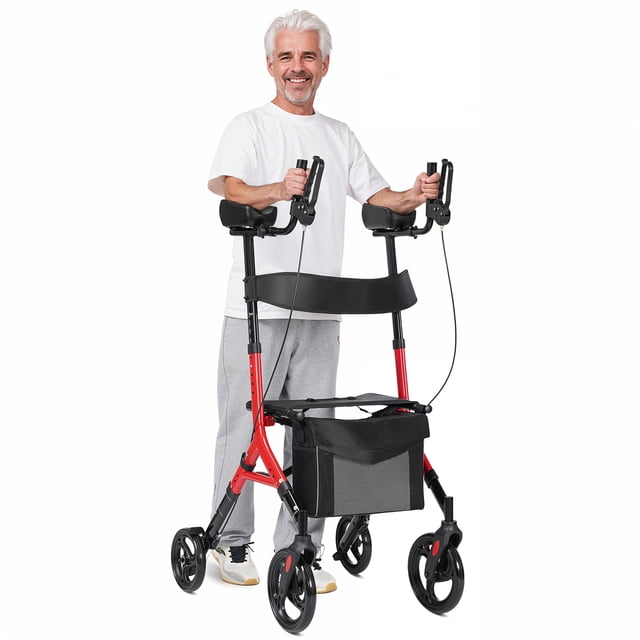 Maxkare Déambulateur Vertical Walker avec Hauteur Réglable 5+3 et Capacité de Charge jusqu'à 300 Lb, Illustré en Rouge avec Grandes Roues avant de 10 Po et Arrière de 8 Po. Comprend des Accoudoirs Rembourrés, des Freins à Main en Boucle, un Siège Intégré avec Dossier et une Pochette de Rangement Spacieuse. le Cadre Léger et Pliable Assure une Portabilité et une Maniabilité Faciles pour une Utilisation Intérieure et Extérieure.