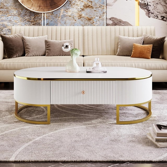 Table Basse Ovale Moderne de 47,2 Pouces avec Tiroirs, Design à Profil Courbé, Décor en Métal Doré, Table Centrale pour Salon