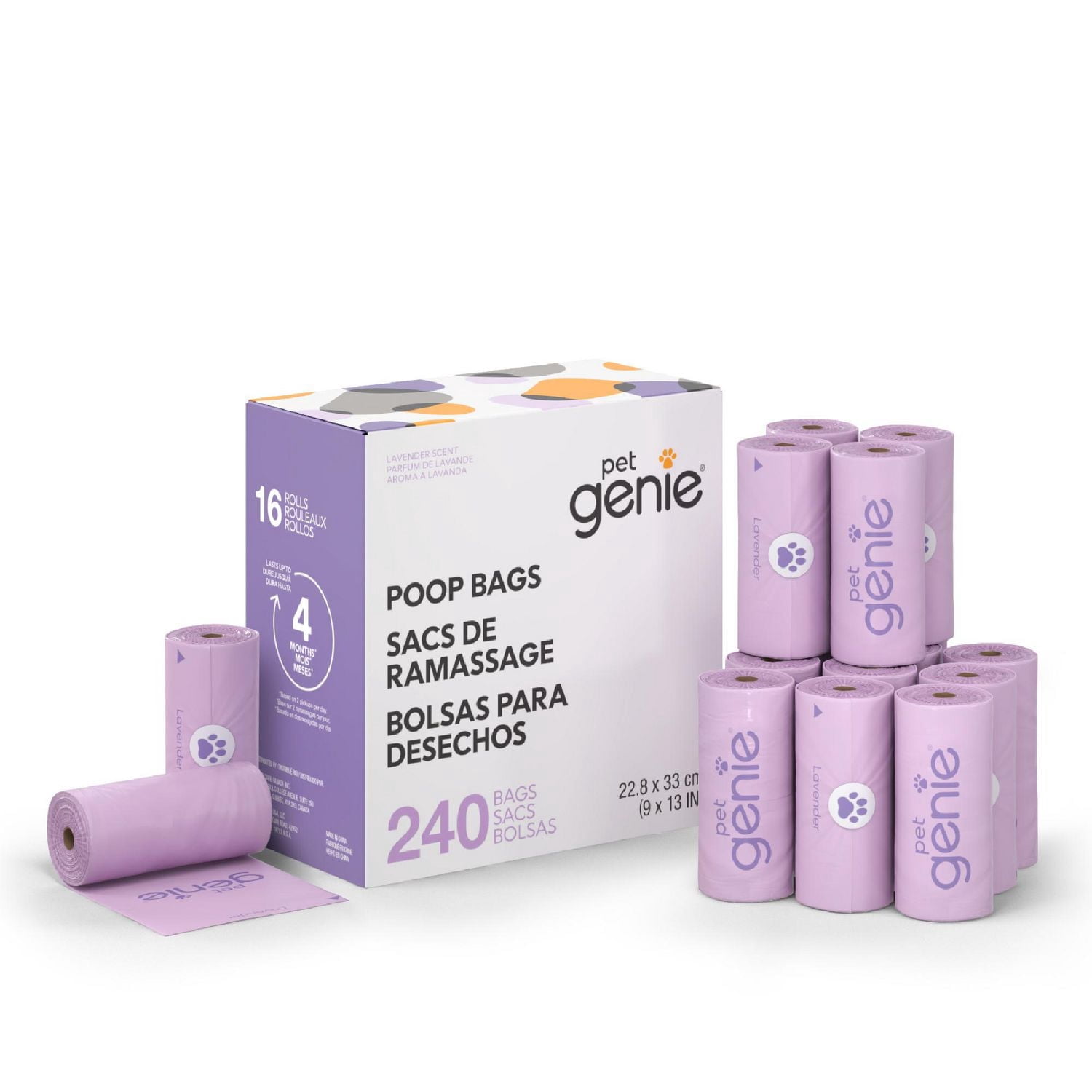 Pet Genie - Dog Poop bags - includes 240 lavender-scented bags made from 65% recycled plastic