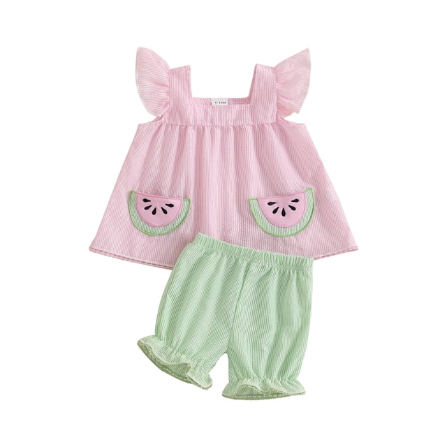 Baby Girl Summer Clothes Stripe Print Flying Sleeve Tank Tops Ruffled Shorts Outfit