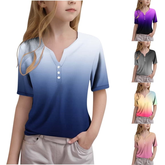 Feancey T-Shirt Henley pour Enfants Filles Tendance à Imprimé Dégradé T-Shirt Graphique à Boutons Col en V Manches Courtes Hauts d'Été pour Tout-Petits Garçons Liquidation de Printemps Bleu 13ans