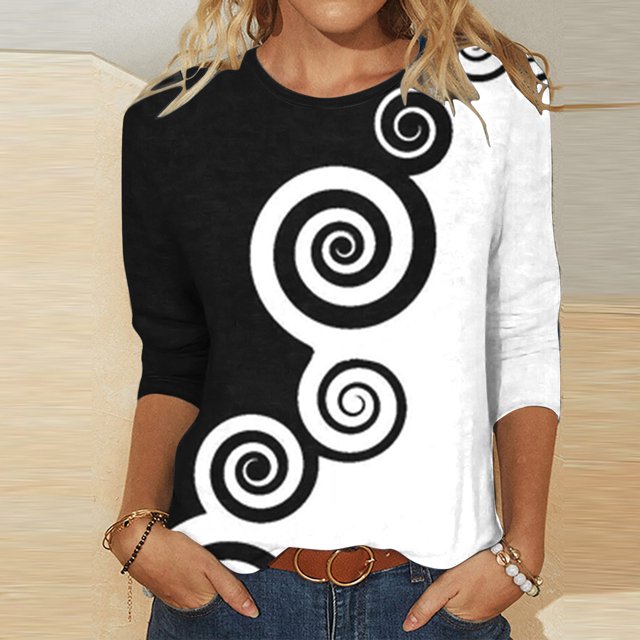 Hauts d'Été pour Femmes 2023 Mode Féminine Manches Trois-Quarts Col Rond Rétro Imprimé de Pâques Blouse Ample Bohemian T-Shirt Grande Taille pour Femmes