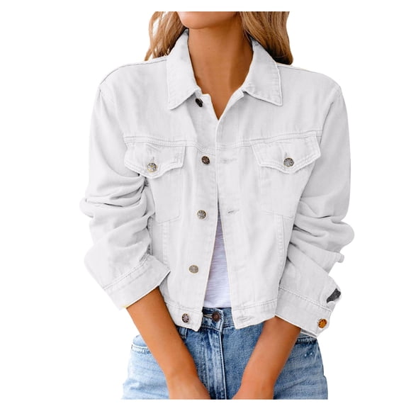 Women Vintage Button Down Distressed Short Denim Jean Jacket Coat With Pocket Women'S Fleece Jackets & Coats White Xl