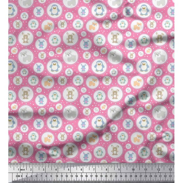 Soimoi Polyester Crepe Fabric Star & Cute Animals Kids Decor Fabric Printed Yard 42 Inch Wide