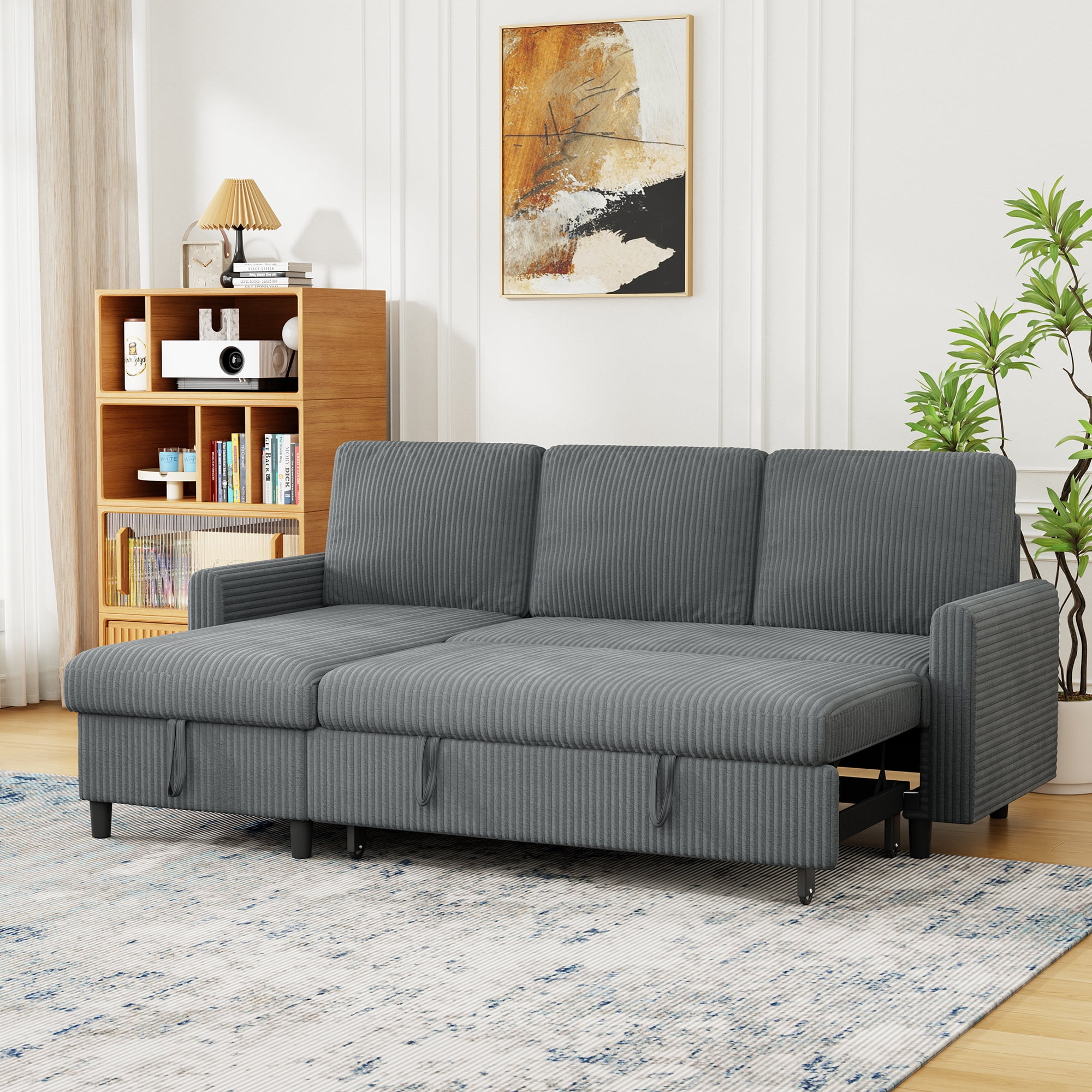 Walsunny Canapé Sectionnel-Lit Escamotable en L avec Méridienne Réversible avec Rangement pour Salons Petites Pièces Appartement, Gris Foncé