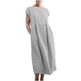 thumbnail image 2 of Meichang Robes en Coton et Lin pour Femmes Grande Taille Couleur Unie Robes Midi Coupe Ample Col Rond Manches Courtes Robes Plissées Taille Décontractée Robes Évasées, 2 of 7