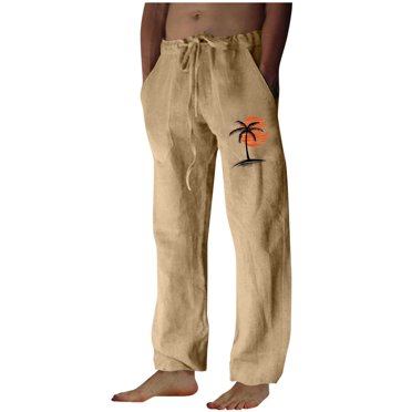 Penkiiy Men's Cotton Linen Pants Casual Elastic Waist Drawstring Pants Straight Yoga Pants Lightweight Summer Beach Pants S Khaki