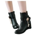 thumbnail image 2 of EGNMCR Bottines pour Femmes Dames Mode Couleur Unie Nœud Perle Décoratif Talon Compensé Bottes Mi-Hautes Bottes pour Femmes Bout Rond, 2 of 9