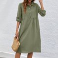 thumbnail image 1 of Meichang Robes T-Shirts pour Femmes Amples Décontractées en Coton et Lin Chemises Robes Unies Col à Revers Manches 3/4 Retroussées Robes Polo Fluides Robes Midi de Travail Vert Armée m, 1 of 6