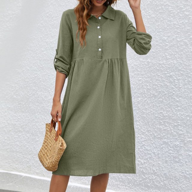 Meichang Robes T-Shirts pour Femmes Amples Décontractées en Coton et Lin Chemises Robes Unies Col à Revers Manches 3/4 Retroussées Robes Polo Fluides Robes Midi de Travail Vert Armée m