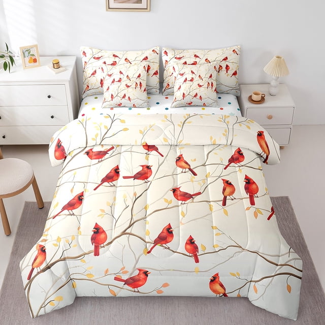 Erosebridal Cardinal Bird Bed in a Bag Queen size, Tree Branches Bed Set, 7-Piece