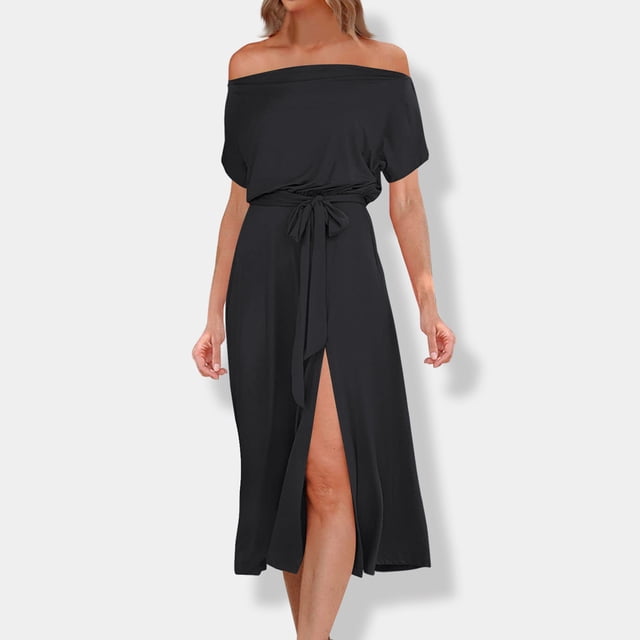 Gspmoly Robe d'Été, Robe d'Été pour Femme à la Mode, Unie, à Manches Courtes, Épaules Dénudées, Robes d'Été pour Femmes Offres Prime