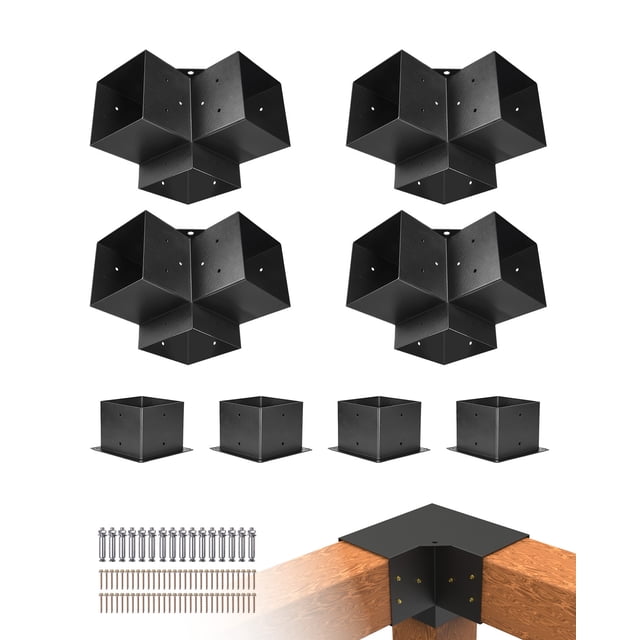 VEVOR 6x6 Inch Pergola Bracket Kit, including 4 three-way brackets and 4 base brackets, designed for 5.5x5.5 inch wood posts. Made from 2mm thick carbon steel with a black anti-corrosion powder coating, these brackets provide durability and protection against rust and weather. The kit includes 112 self-drilling screws and 16 stainless steel expansion bolts for secure installation on wood or concrete surfaces. Features built-in holes for attaching sunshade sails, offering protection from sunlight and rain. Shown with screws and a wooden beam for demonstration.