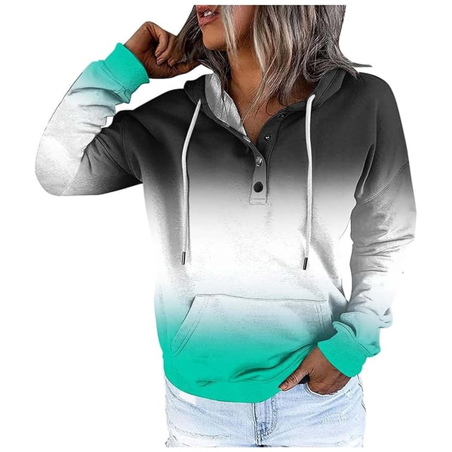 WEAIXIMIUNG Sweatshirts for Women Trendy Graphic Women's Autumn and Winter Fashionable Street Style Gradually Changing Color Button Collar Pocket Drawstring Casual Sports Hoodie (3)
