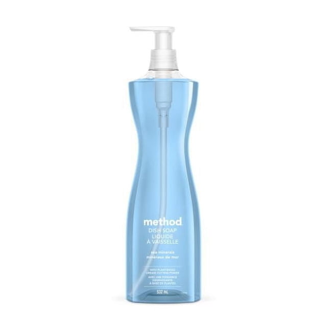 Method Dish Soap, Sea Minerals, 532 mL in a contoured translucent blue pump bottle with white pump top, featuring plant-based biodegradable dish detergent formula designed to save counter space and provide effective dishwashing.