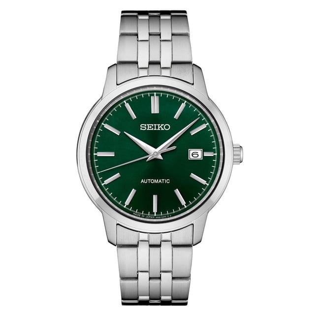 Seiko Essentials Montre Automatique pour Homme SRPH89, Montre Analogique avec Boîtier et bracelet en Acier Inoxydable, Cadran Vert et Mouvement Automatique à Remontage Manuel. Dotée d'Un Cristal Hardlex, d'Un Fermoir à Trois Volets avec Libération par Bouton-Poussoir, et d'Un Boîtier Rond de 41,2 mm. Résistante à l'Eau jusqu'à 100 Mètres avec un Fond à Vis Transparent.