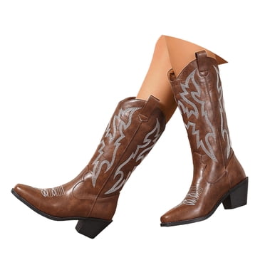 Mepaouo Bottes Western de Cowboy pour Femmes Mollet Grand Bottes de Cowgirl Hauteur Genou Brodées à Enfiler Chaussures pour Dames