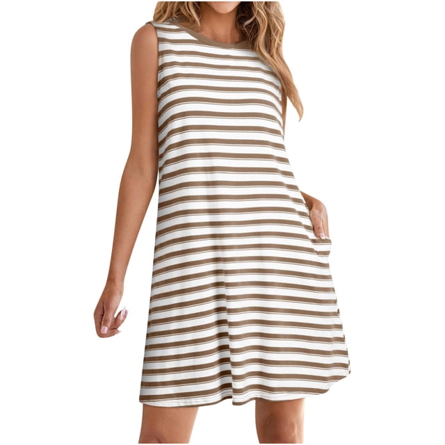 yoeyez Robes d'Été pour Femmes 2025 Grande Taille Décontractées à Rayures Débardeur Mini Robe d'Été Col Rond Coupe Ample Sans Manches Robe de Vacances Plage avec Poches Kaki,TTG