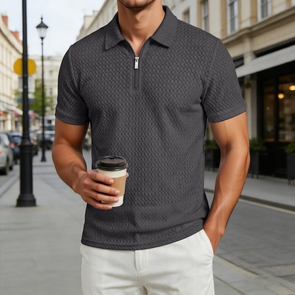 Polo Shirt Men Short Sleeve Quarter Zipper Polo Tees Lightweight Grey TShirt for Men