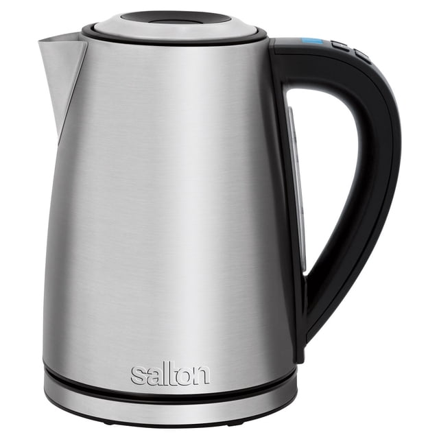 Salton Bouilloire Électrique 1,7 L (1,8 qt) à Contrôle de Température Variable avec un design Élégant en Acier Inoxydable, Poignée Ergonomique Noire et Bec Verseur Parfait. Comprend un Couvercle à Bouton-Poussoir, une base à 360° et une Plage de Température Réglable de 40–100 °C (105–212 °F). Idéale pour Infuser des Thés à des Températures Précises.