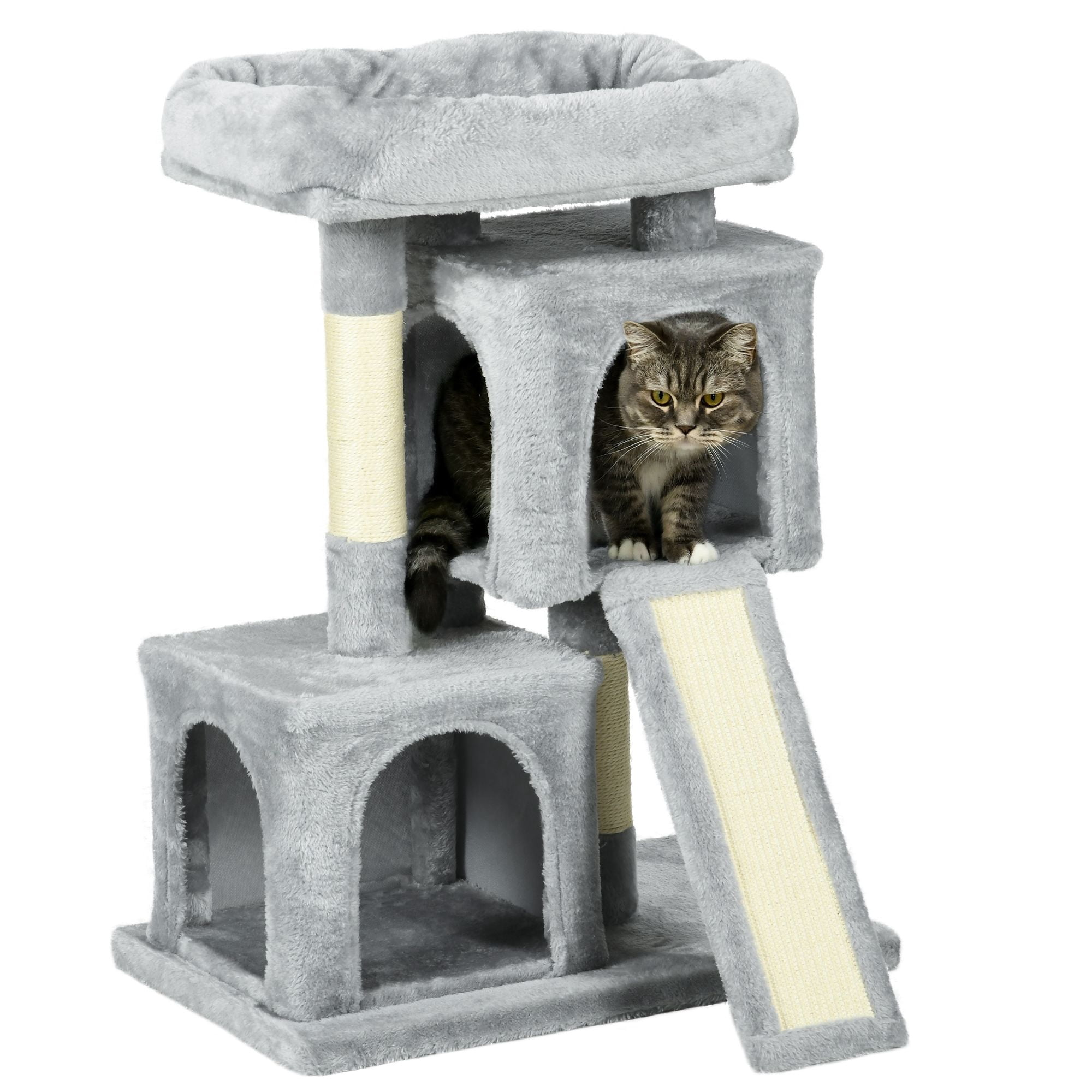 Plush Cat Tree Tower Activity Center with Sisal Scratching Post Scratching Board Perch Condo, Light Grey
