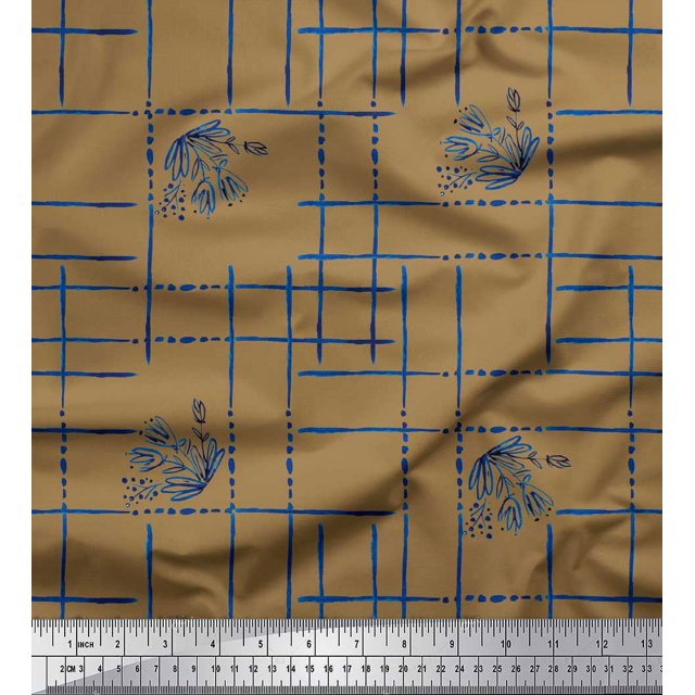 Soimoi Brown polyester Crepe Fabric Leaves & Geometric Print Sewing Fabric Yard 52 Inch Wide