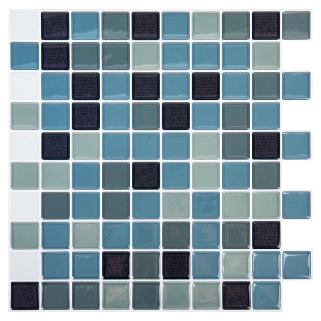 Truu Design Self-Adhesive Multi Square Peel and Stick Backsplash Wall Tiles featuring a grid of glossy, water-resistant PVC epoxy tiles in blue, teal, gray, and dark charcoal. Each 10 by 10 inch tile is mold-resistant and easy to install on smooth, non-porous surfaces, suitable for kitchen, bathroom backsplashes, or decorative wall accents.