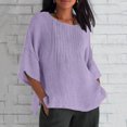 thumbnail image 2 of Liquidation d'Économies! Hauts pour Femmes Grande Taille, Chemise d'Été pour Femmes à la Mode Plissée à Manches 3/4 Col Rond Imitation Coton et Lin Chemise Ample Blouse, 2 of 5