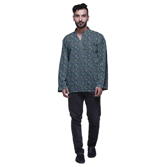 Atasi Kurta Traditionnel en Coton Imprimé à Col Mandarin pour Hommes Chemise Décontractée