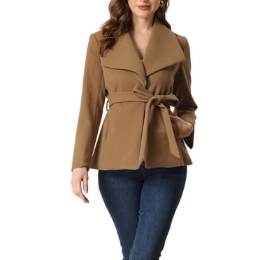 INSPIRE CHIC Women's Shawl Lapel Collar Buttoned Winter Belted Coat with Pockets Brown XL