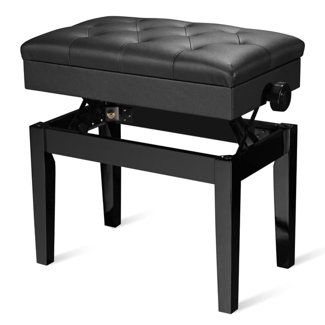 Yescom Banc de Piano Noir à Hauteur Réglable avec Siège Rembourré en Cuir PU et Compartiment de Rangement. Doté d'Un Coussin Ergonomique Capitonné pour le Confort, de Boutons de Hauteur Réglables pour une Personnalisation entre 18 7/8 Pouces et 22 13/16 Pouces, et d'Un Cadre en Bois Massif avec une Finition Noire à Haute Brillance. Comprend des Pieds en Caoutchouc Antidérapants et un Compartiment de Rangement Dissimulé sous le Siège pour Partitions et Livres.