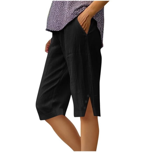 Lovzfmll Women's Linen Bermuda Shorts, Wide Leg Casual Pants with Side Slit & Button Front, Summer Shorts Black, 2XL